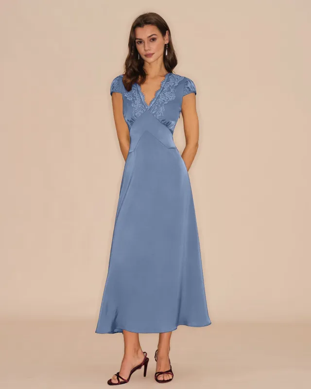 Blue V Neck Lace Tie Maxi Dress made by rihoas