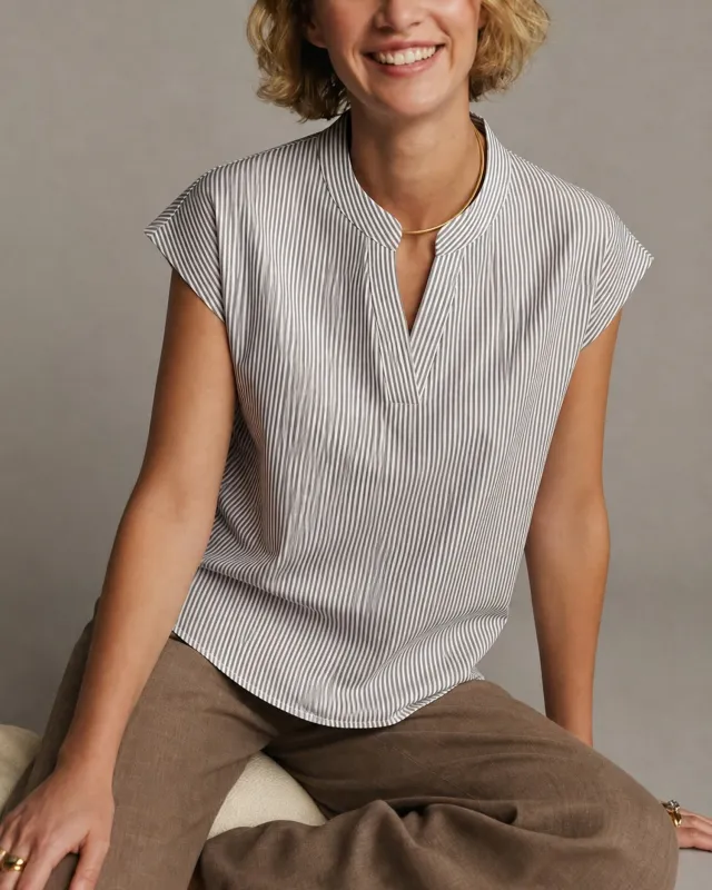 Apricot V Neck Drop Shoulder Striped Tee made by rihoas