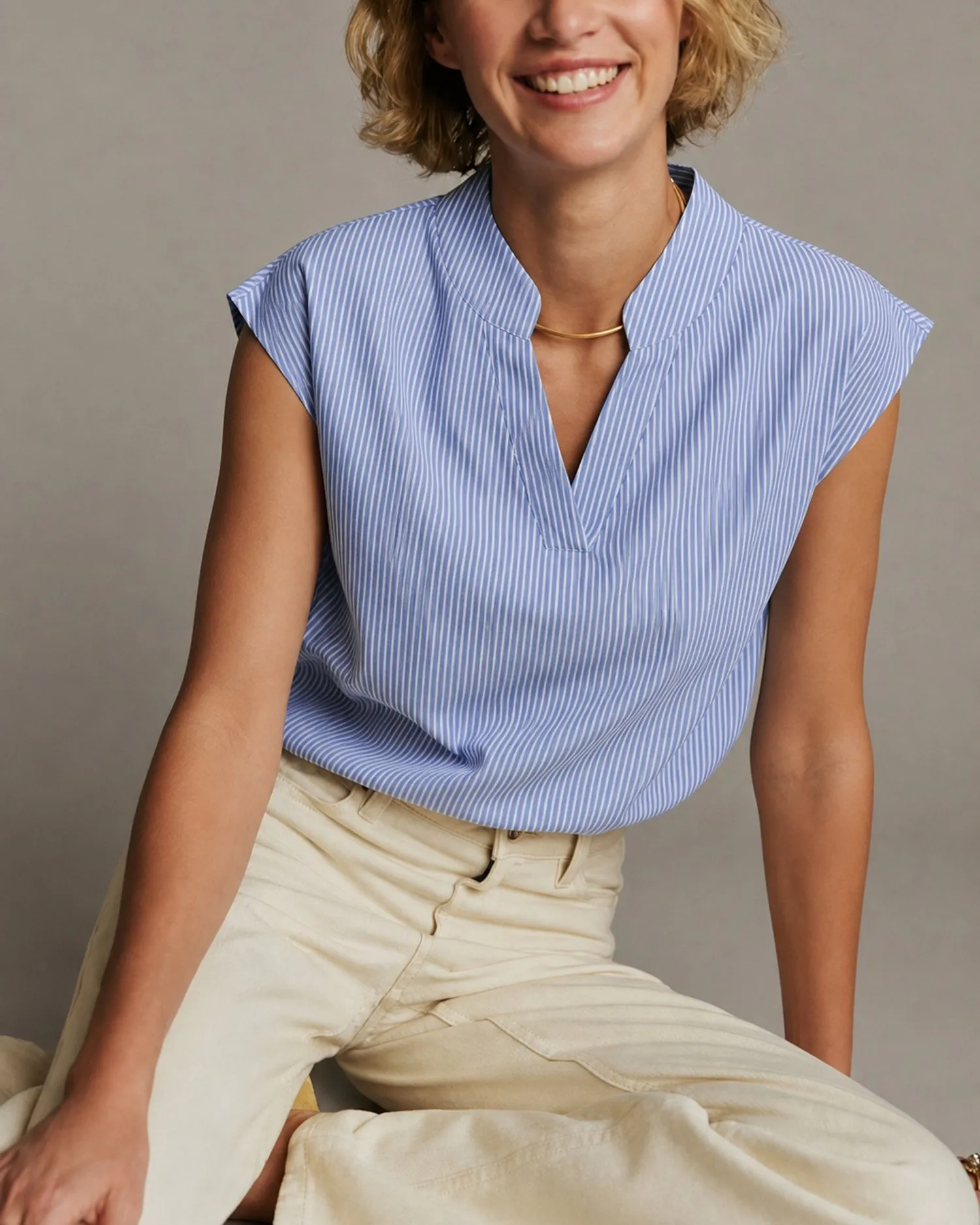 Blue V Neck Drop Shoulder Striped Tee sold by rihoas