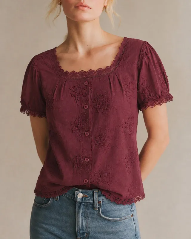 Wine Red Square Neck Lace Floral Tee made by rihoas