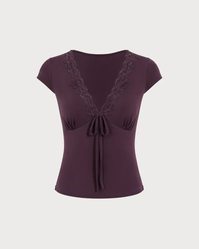 Purple V Neck Tie Lace Tee made by rihoas