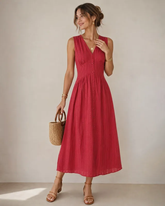 Red V Neck Sleeveless Button Midi Dress made by rihoas