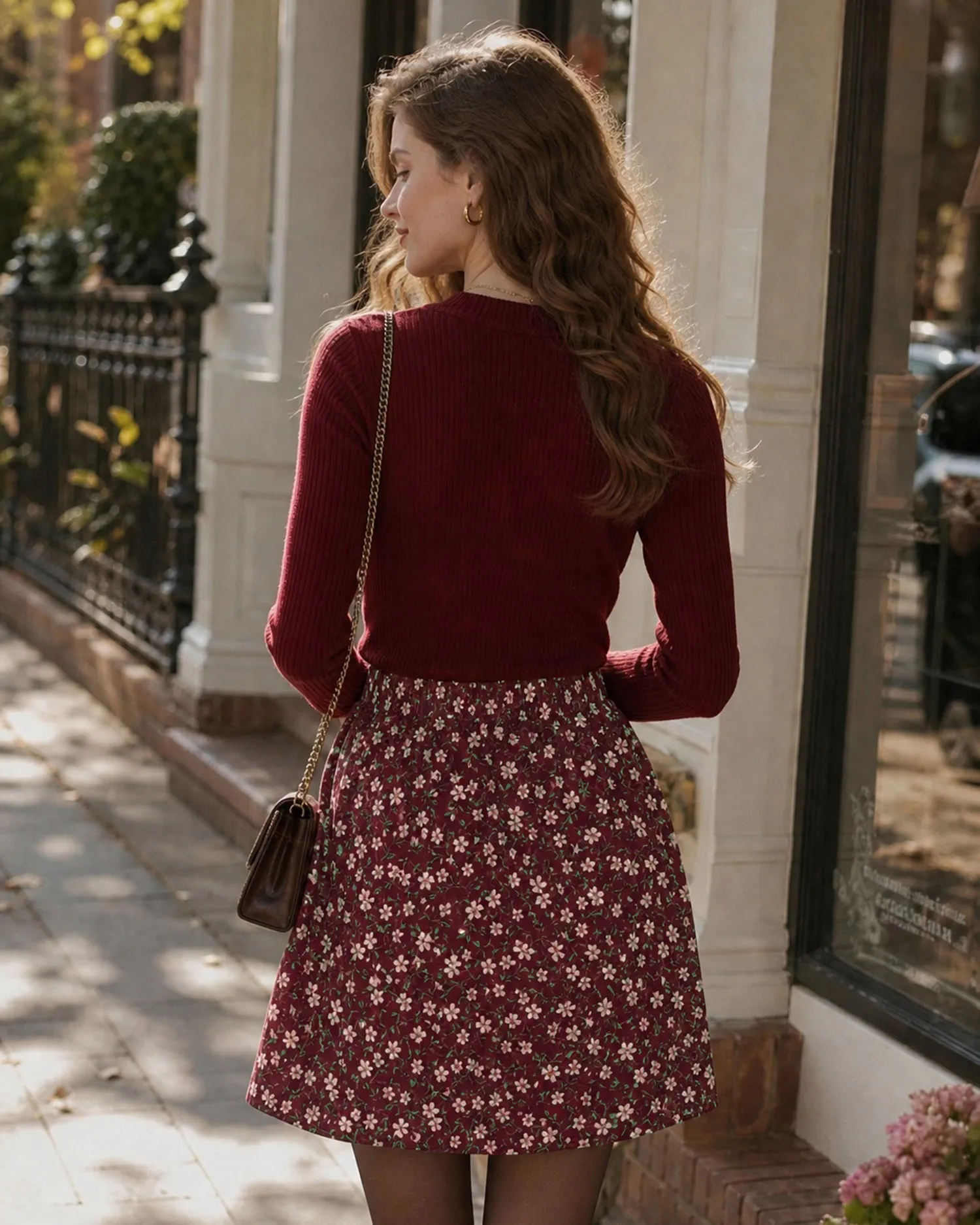 Red Elastic Waist Floral Mini Skirt sold by rihoas product image thumbnail 3