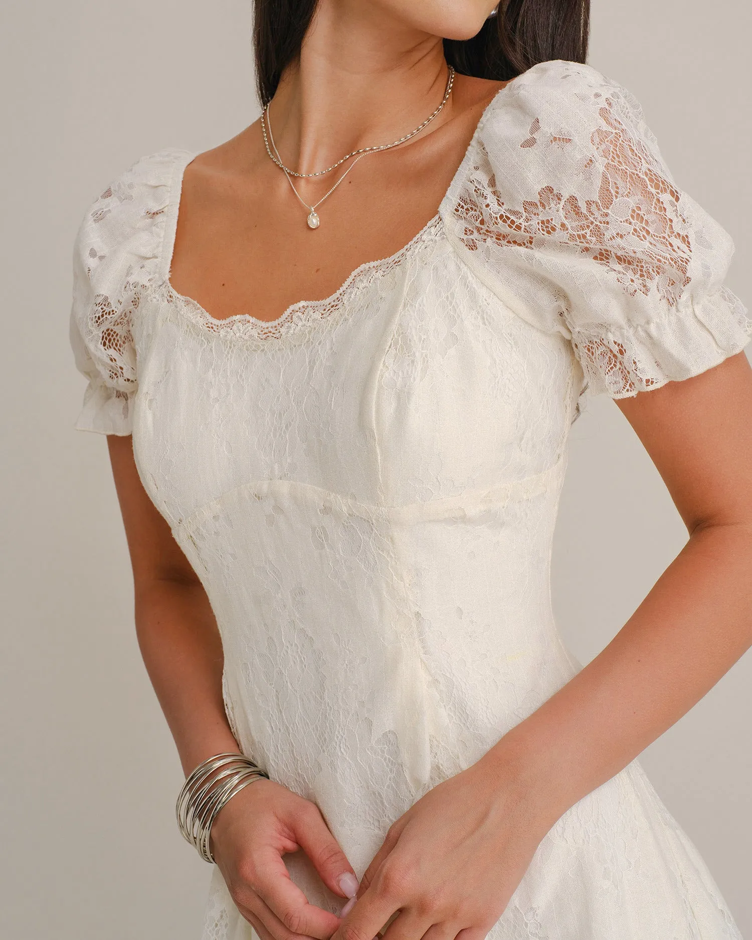 Apricot U Neck Puffed Sleeve Lace Mini Dress sold by rihoas product image thumbnail 2