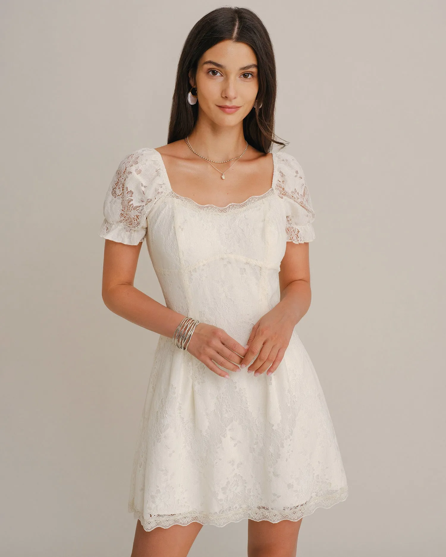 Apricot U Neck Puffed Sleeve Lace Mini Dress sold by rihoas product image thumbnail 4