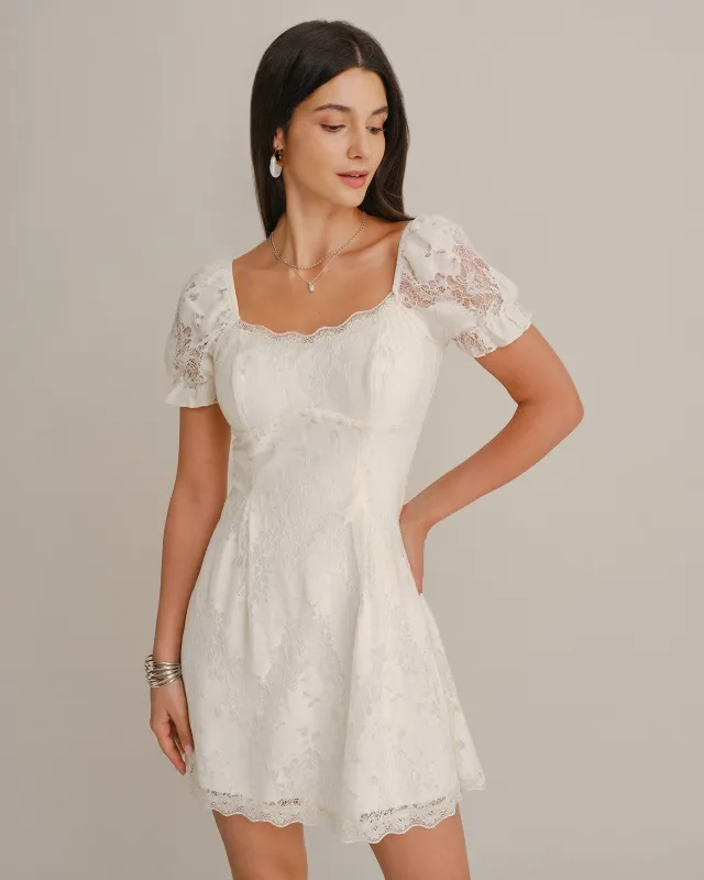 Apricot U Neck Puffed Sleeve Lace Mini Dress made by rihoas