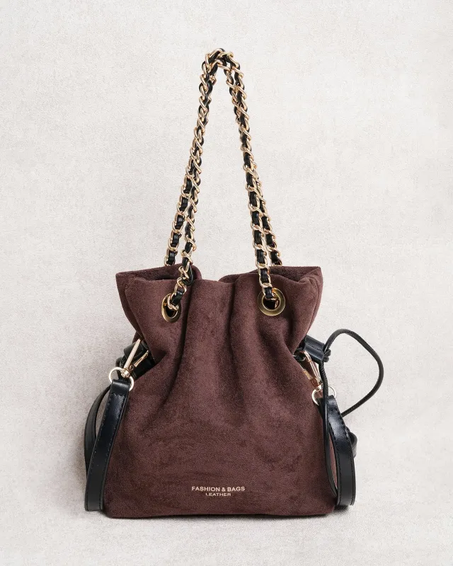 Coffee Drawstring Chain Bucket Handbag made by rihoas