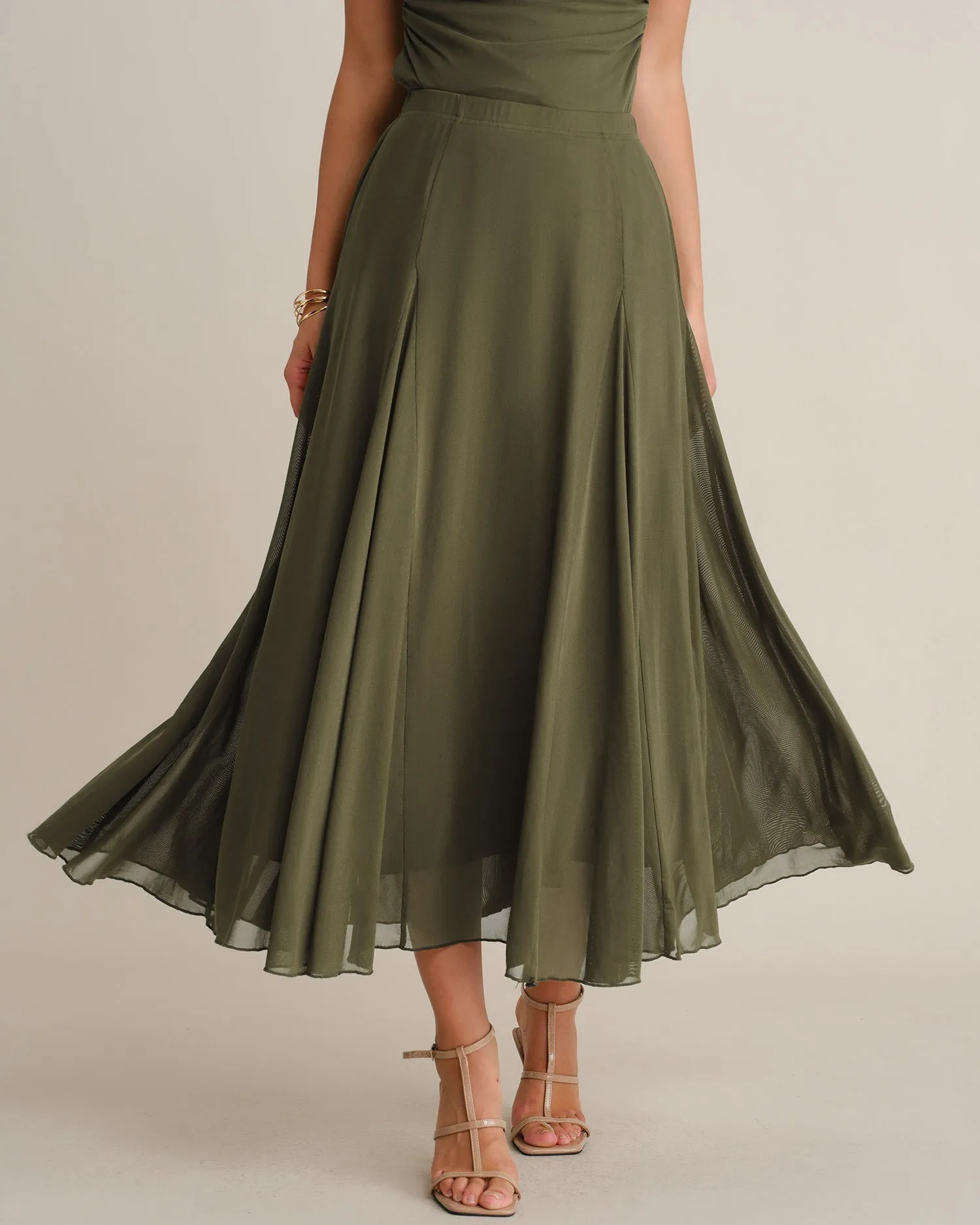 Green Elastic Waist Mesh Midi Skirt sold by rihoas product image thumbnail 2