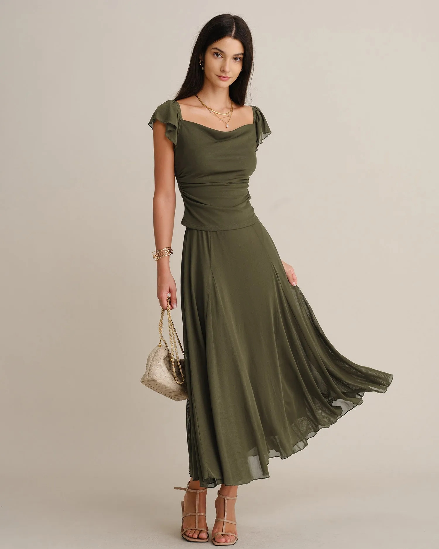 Green Elastic Waist Mesh Midi Skirt sold by rihoas product image thumbnail 3