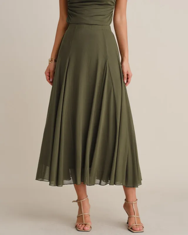 Green Elastic Waist Mesh Midi Skirt made by rihoas