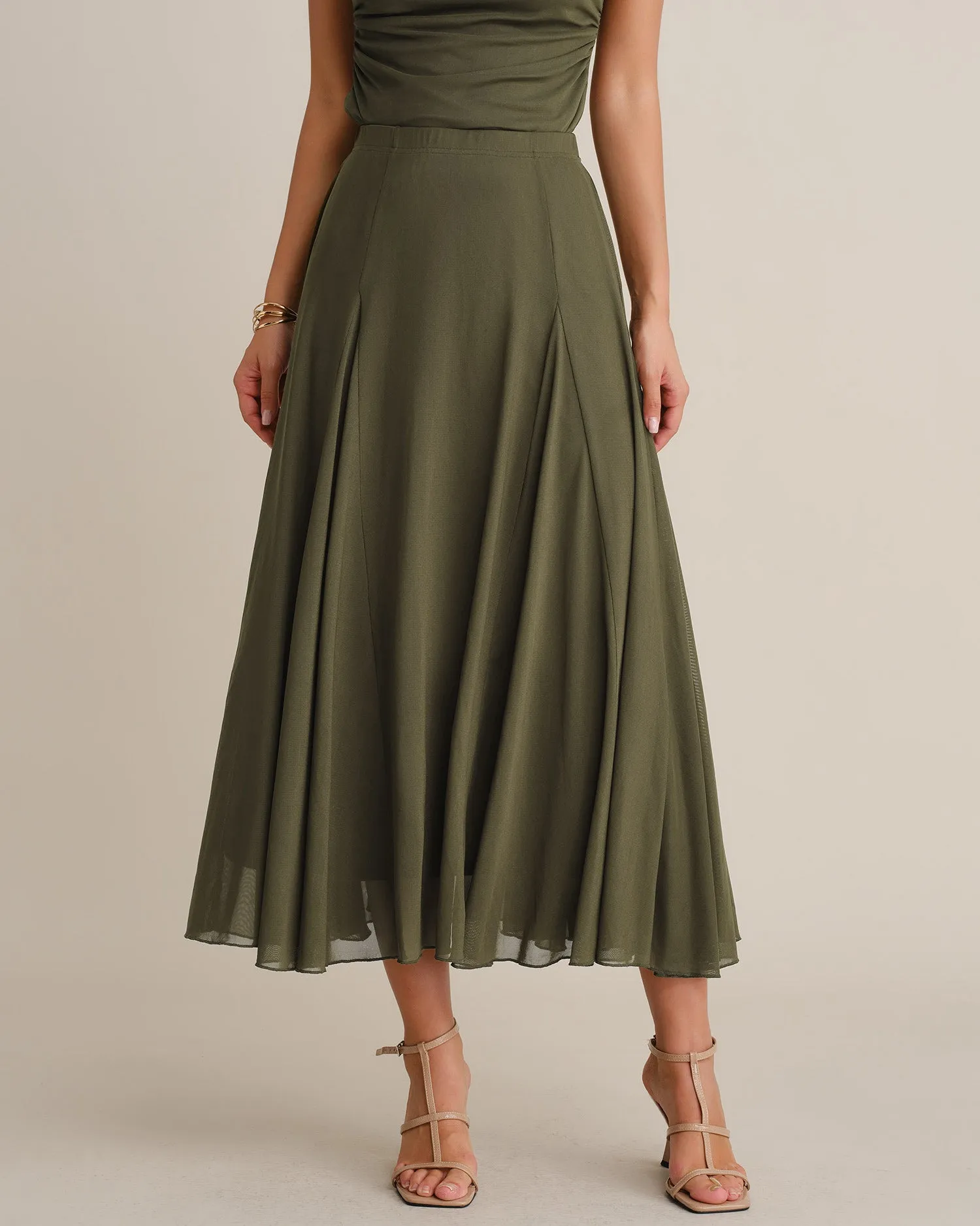 Green Elastic Waist Mesh Midi Skirt sold by rihoas