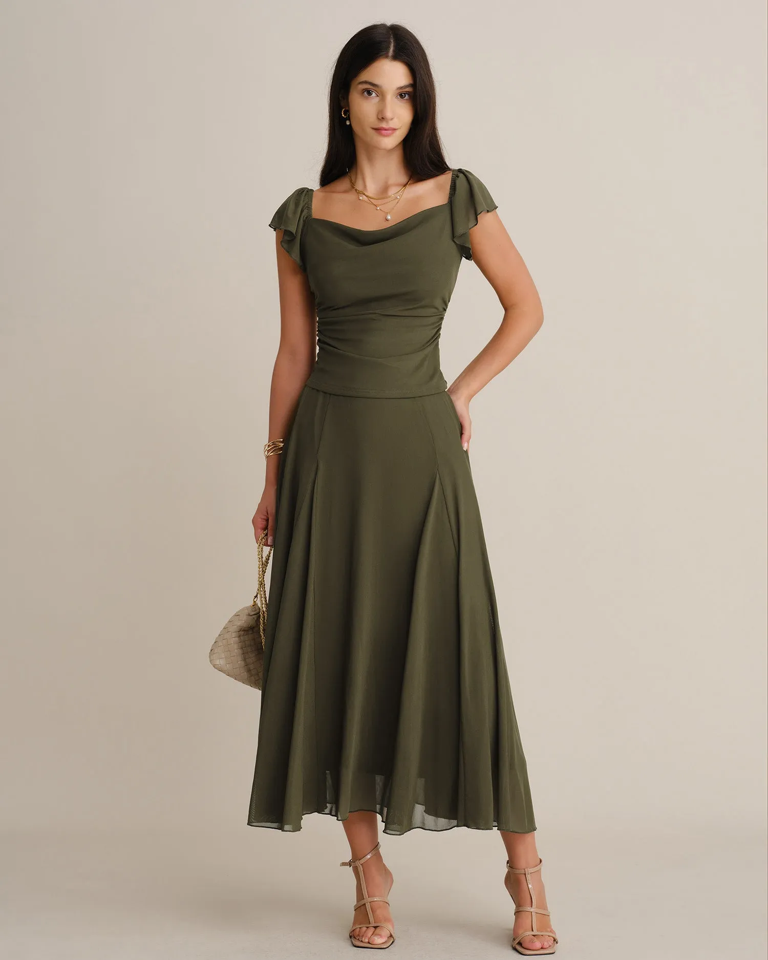 Green Elastic Waist Mesh Midi Skirt sold by rihoas product image thumbnail 4