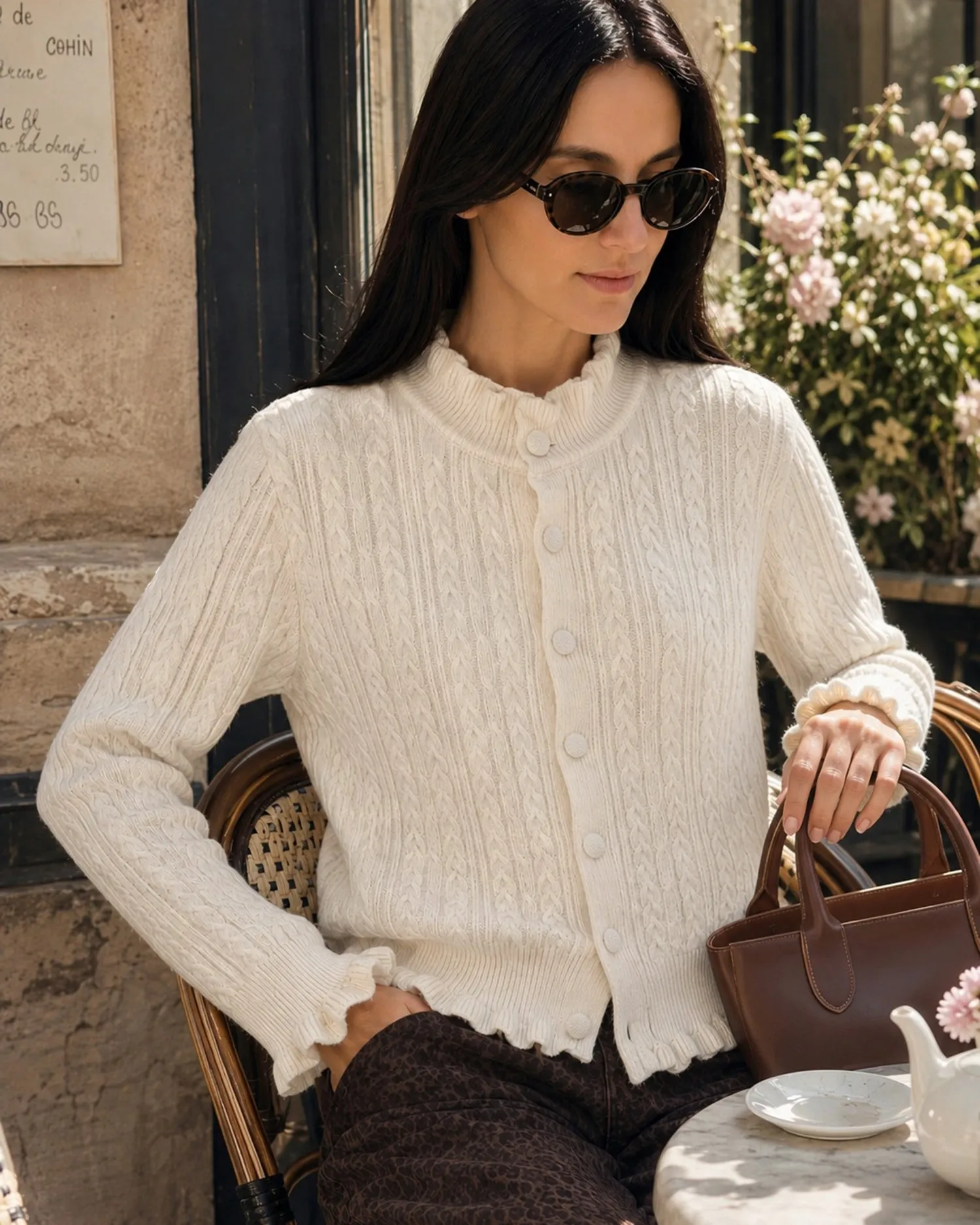 Apricot Ruffled Single Breasted Knit Cardigan sold by rihoas