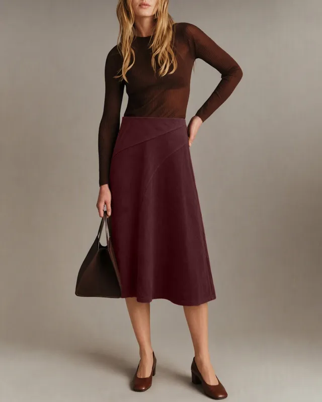Wine Red Elastic Waist A-Line Midi Skirt made by rihoas