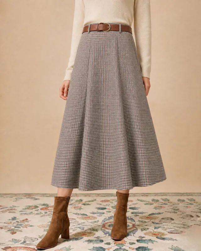 Brown Belt Plaid A-Line Midi Skirt made by rihoas