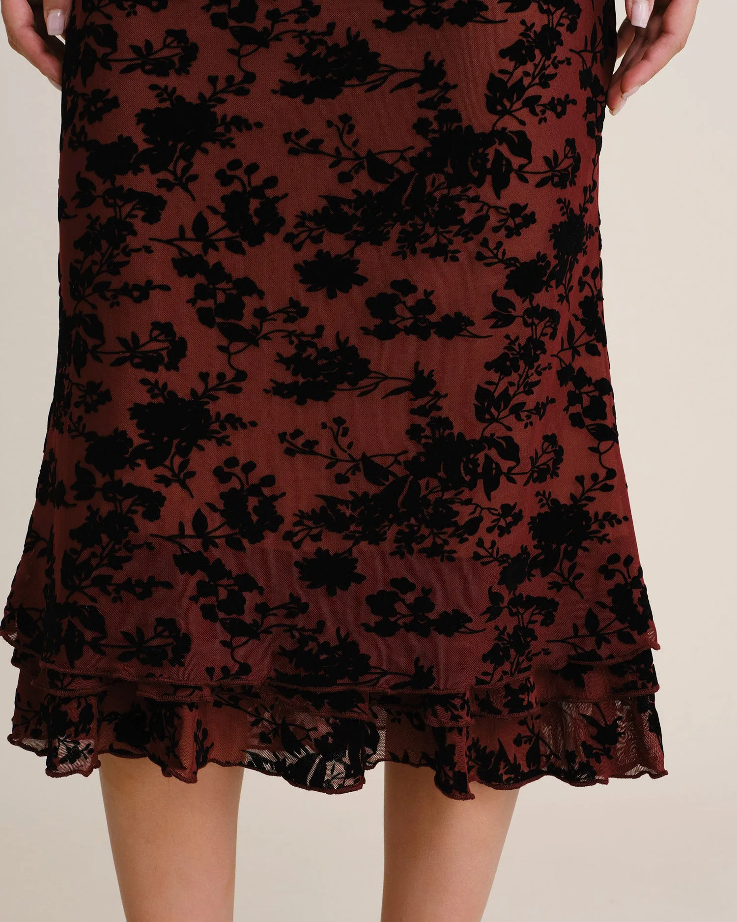 Wine Red Floral Ruffle Mermaid Midi Dress sold by rihoas product image thumbnail 4