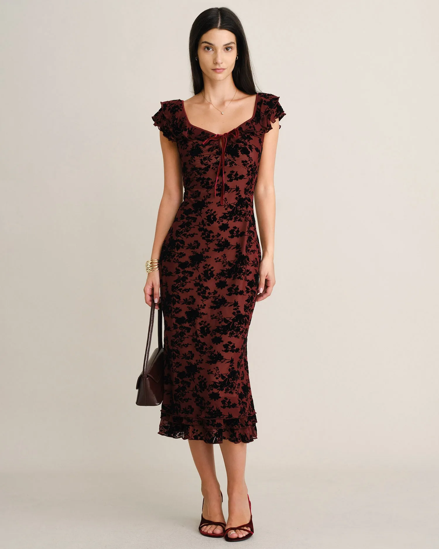 Wine Red Floral Ruffle Mermaid Midi Dress sold by rihoas product image thumbnail 3