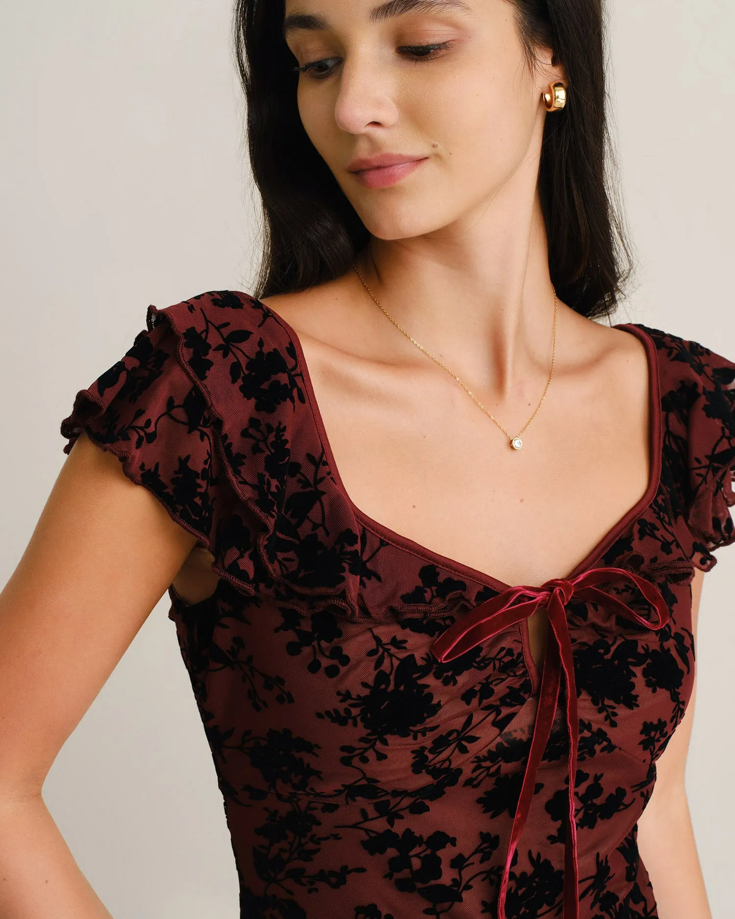 Wine Red Floral Ruffle Mermaid Midi Dress sold by rihoas product image thumbnail 2