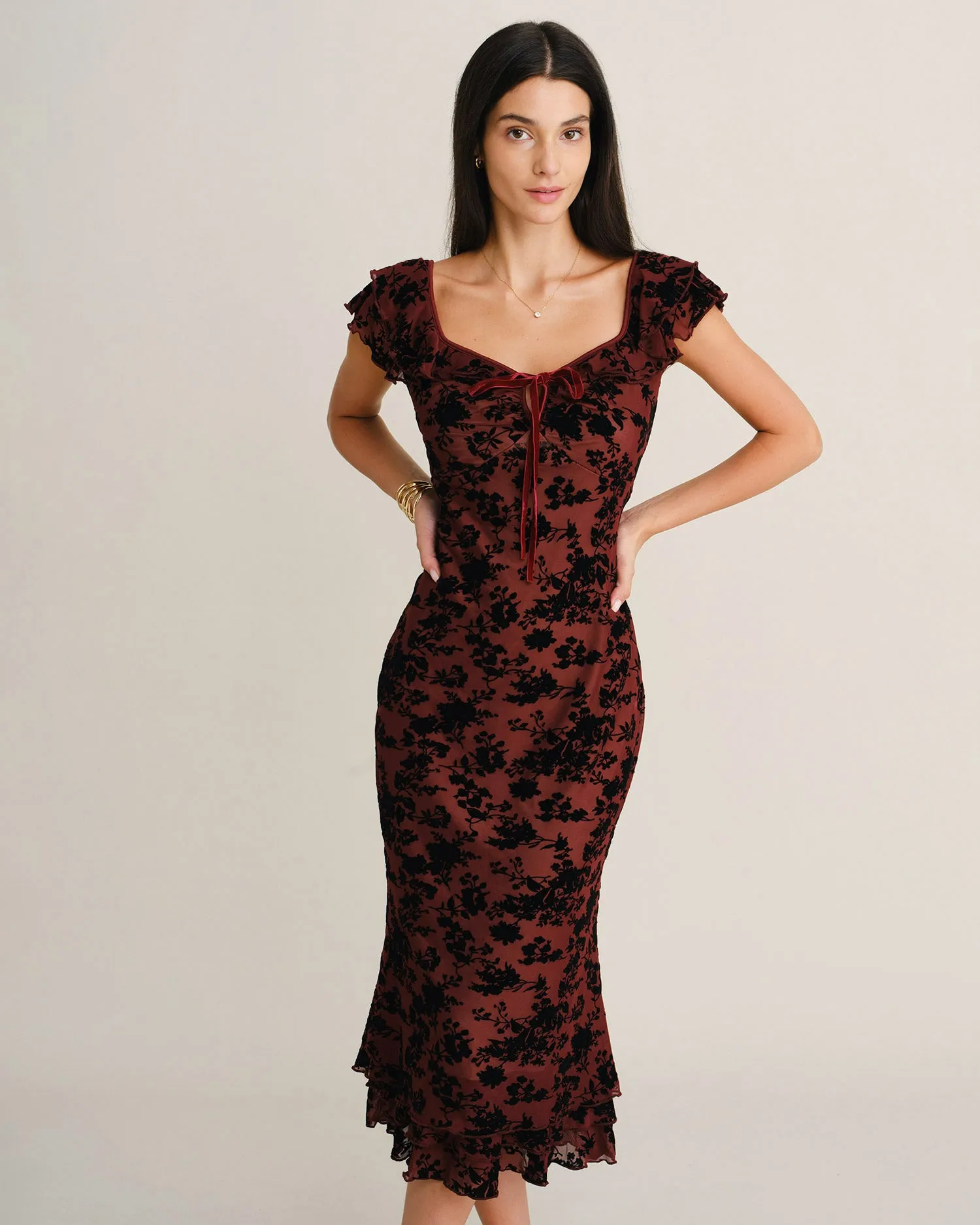 Wine Red Floral Ruffle Mermaid Midi Dress sold by rihoas