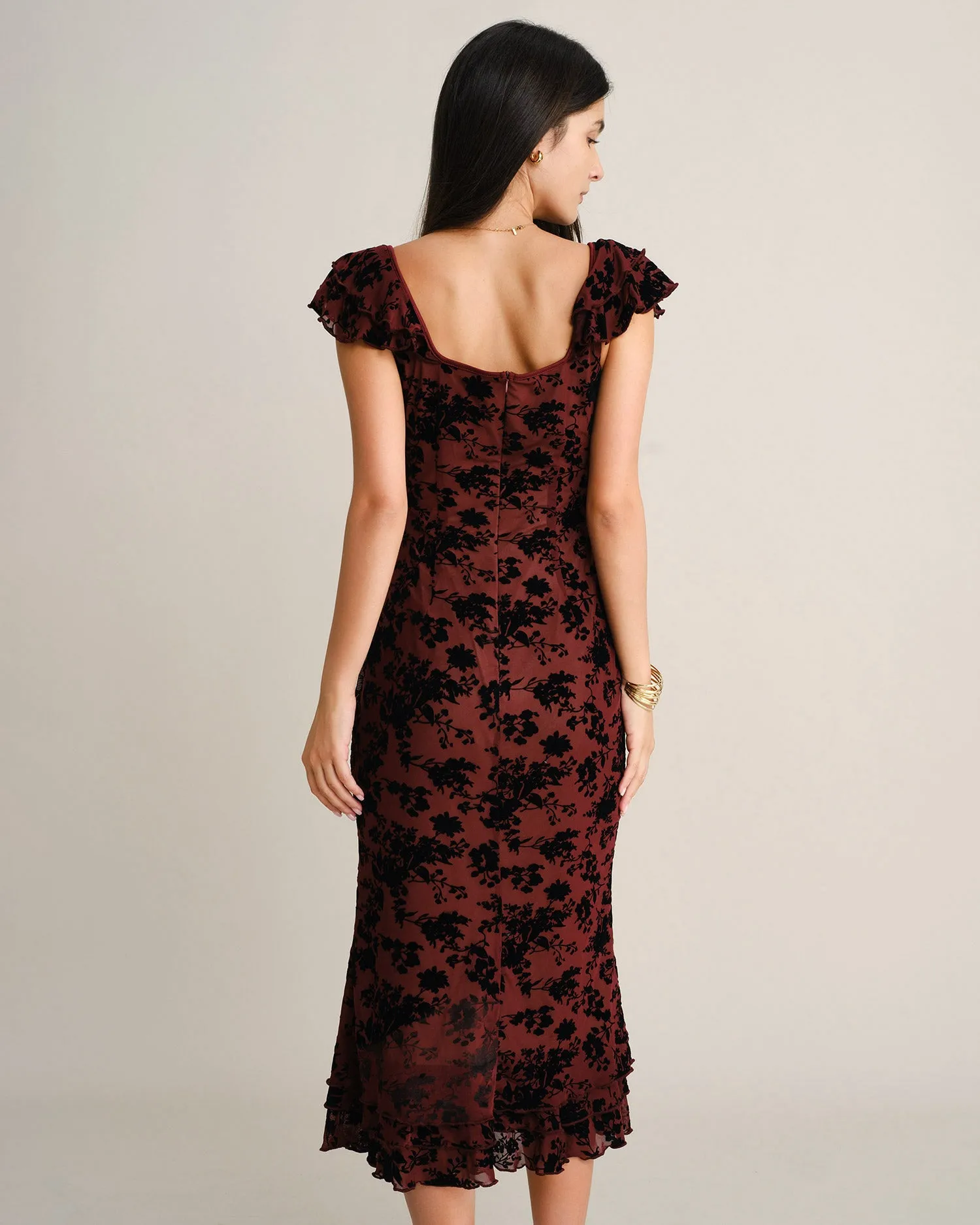 Wine Red Floral Ruffle Mermaid Midi Dress sold by rihoas product image thumbnail 5