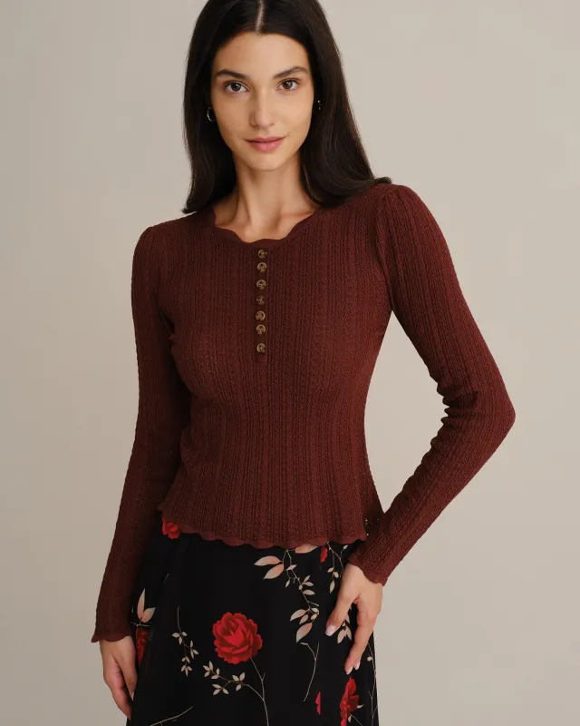 Coffee Scalloped Button Knit Sweater made by rihoas