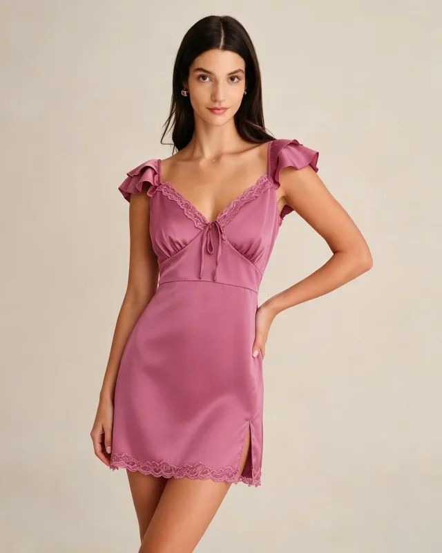 Pink V Neck Ruffle Satin Mini Dress made by rihoas