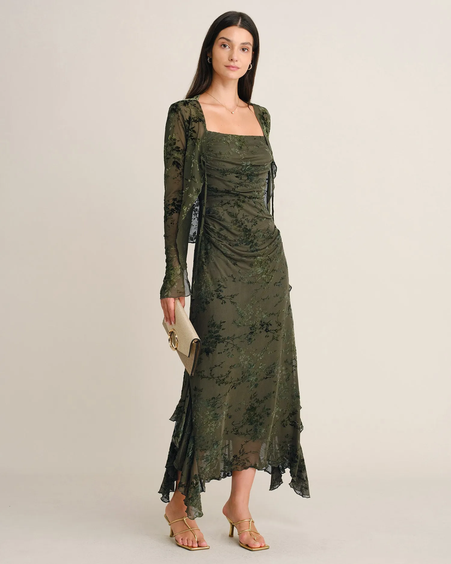 Green Floral Ruffle Mesh Midi Dress sold by rihoas product image thumbnail 4