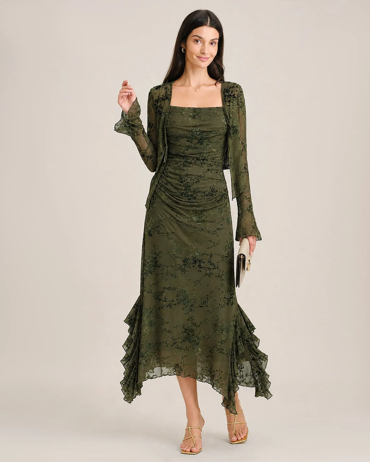Green Floral Ruffle Mesh Midi Dress sold by rihoas product image thumbnail 2