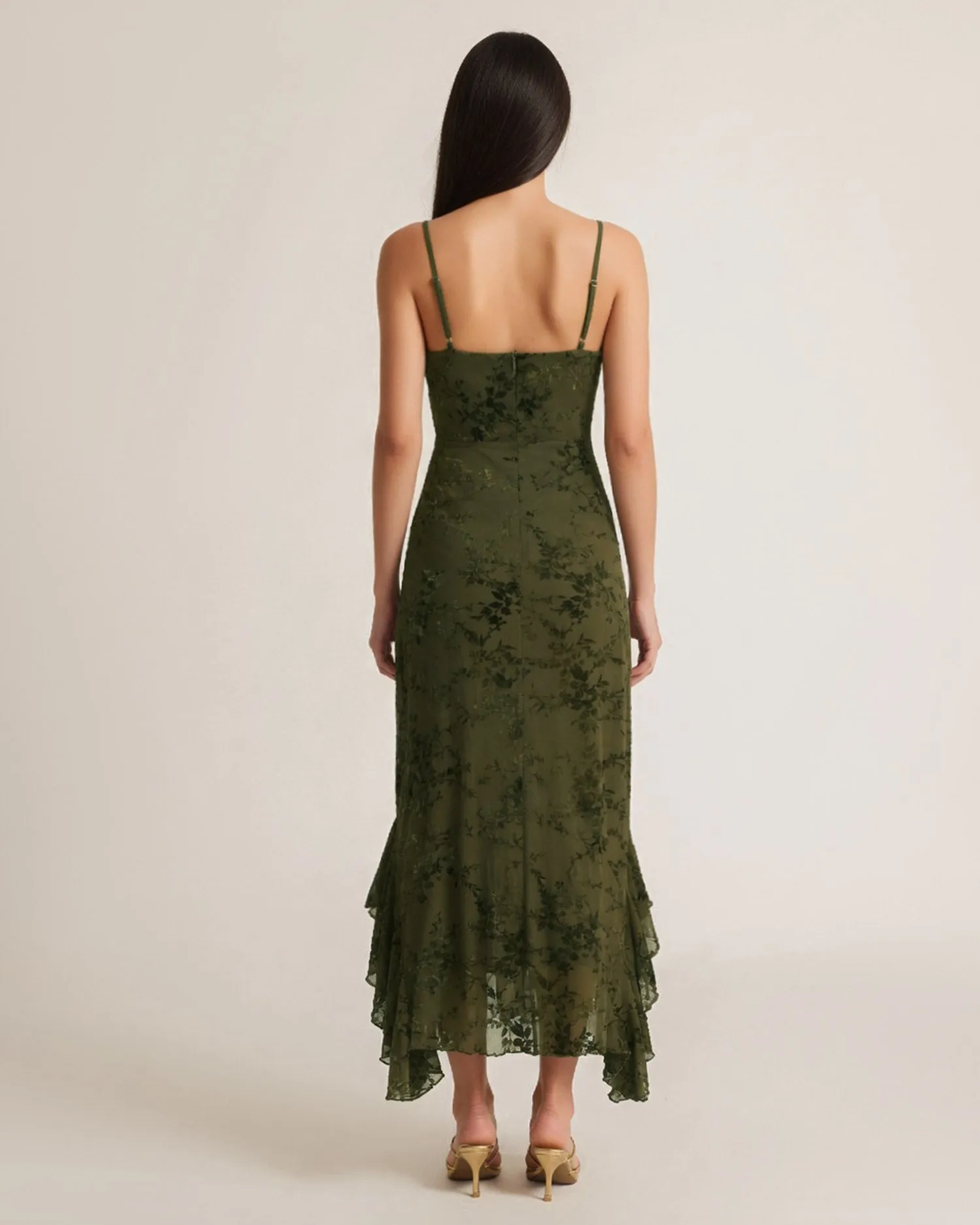 Green Floral Ruffle Mesh Midi Dress sold by rihoas product image thumbnail 5