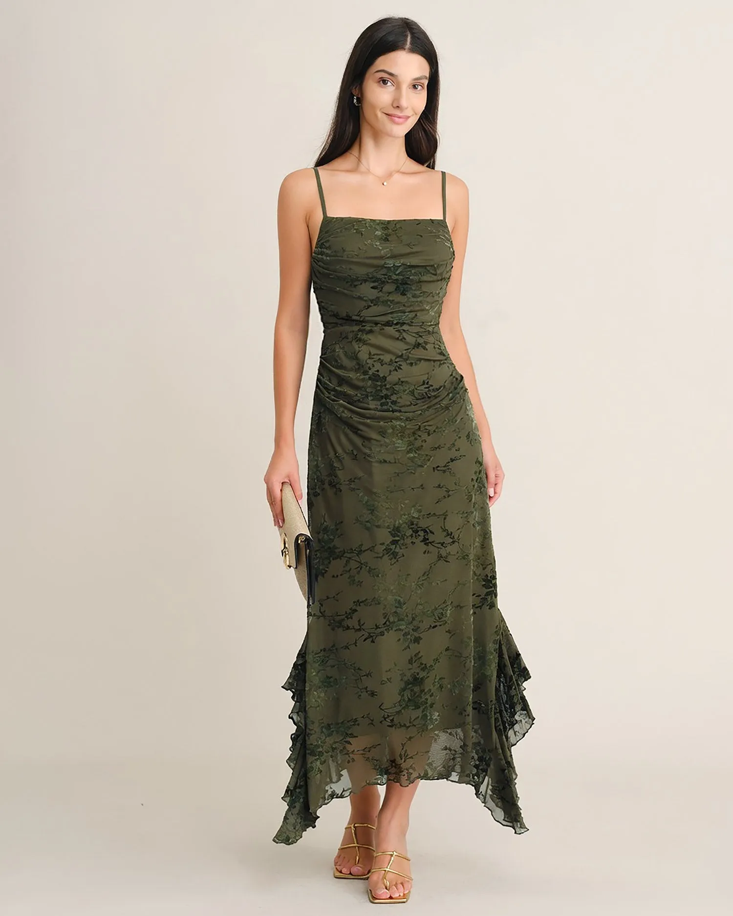Green Floral Ruffle Mesh Midi Dress sold by rihoas