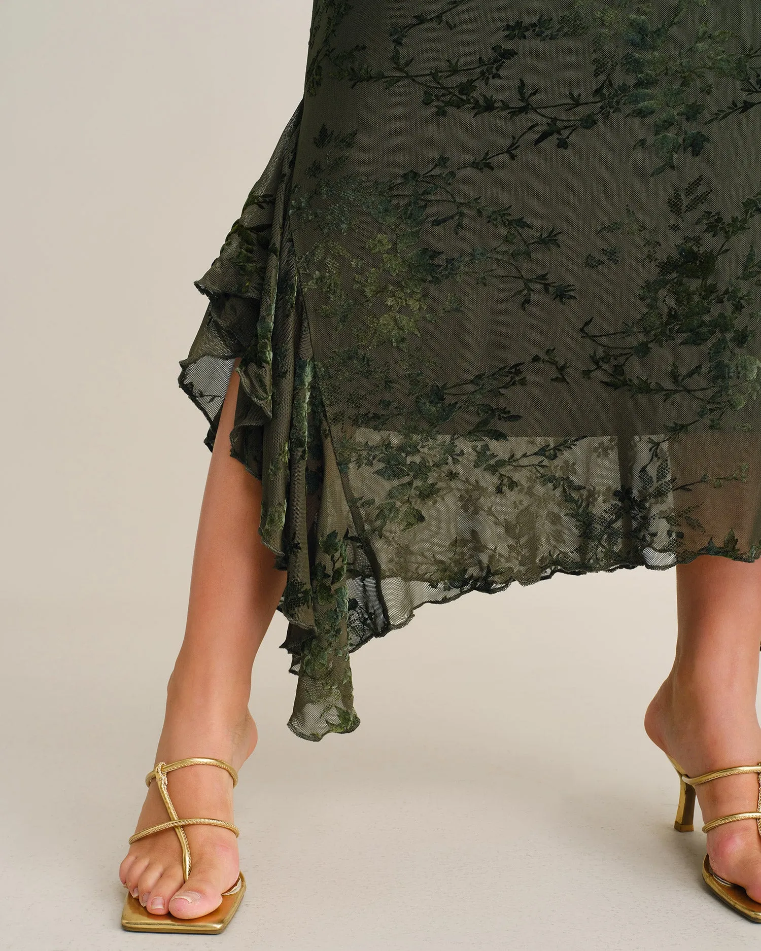 Green Floral Ruffle Mesh Midi Dress sold by rihoas product image thumbnail 3