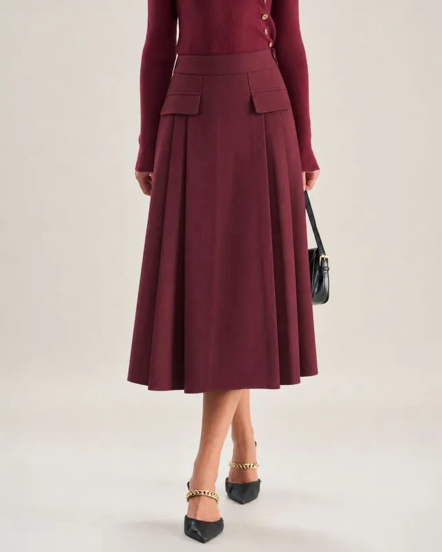 Red Solid Zipper A-Line Midi Skirt made by rihoas