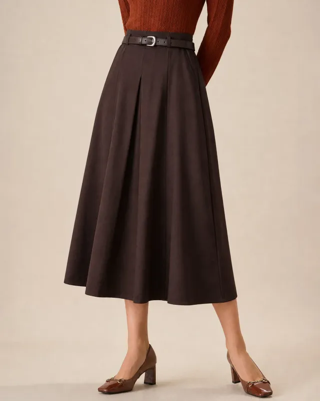 Coffee Belt Elastic Waist Pockets Midi Skirt made by rihoas
