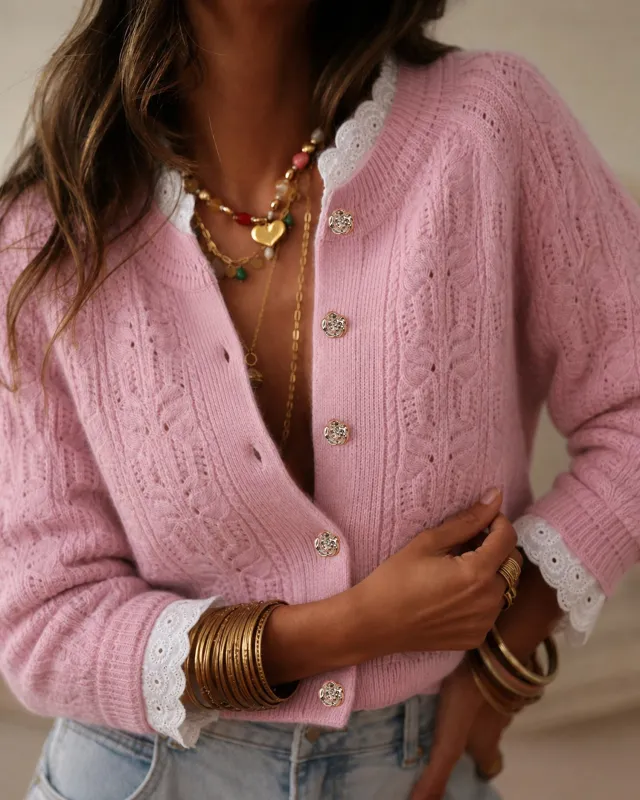 Pink Ruffled Cut Out Button Knit Cardigan made by rihoas