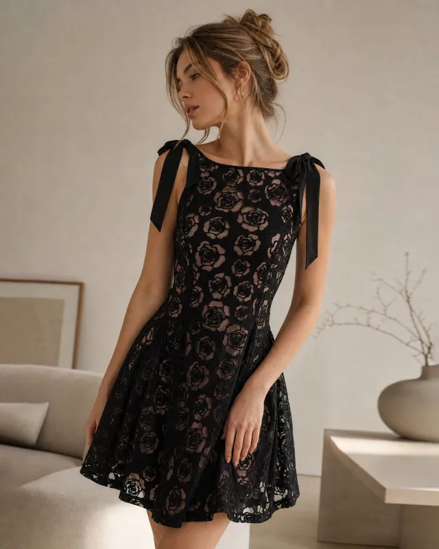 Black Boat Neck Jacquard Mini Dress made by rihoas