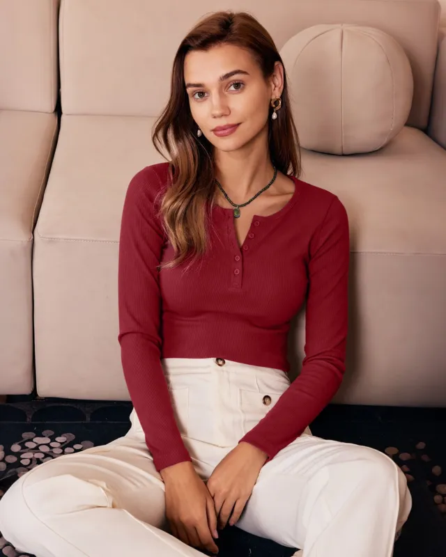 Red Round Neck Textured Button Knit Tee made by rihoas