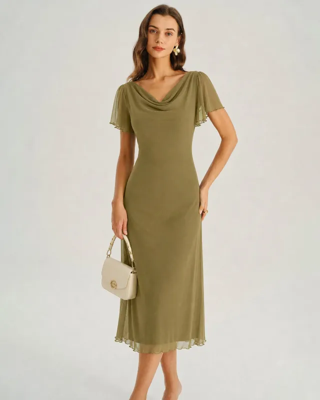 Green Solid Cowl Neck Mesh Midi Dress made by rihoas