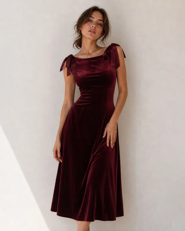 Red Boat Neck Sleeveless Velour Midi Dress made by rihoas