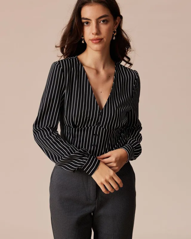 The Black V Neck Striped Button Up Blouse sold by rihoas