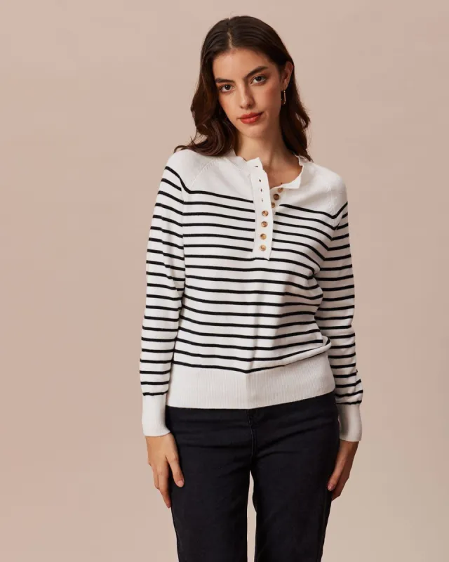 The White Round Neck Striped Button Sweater sold by rihoas