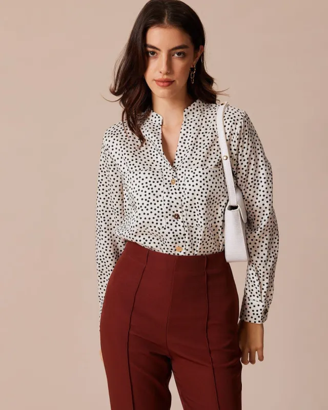 The White V Neck Polka Dot Button Blouse sold by rihoas