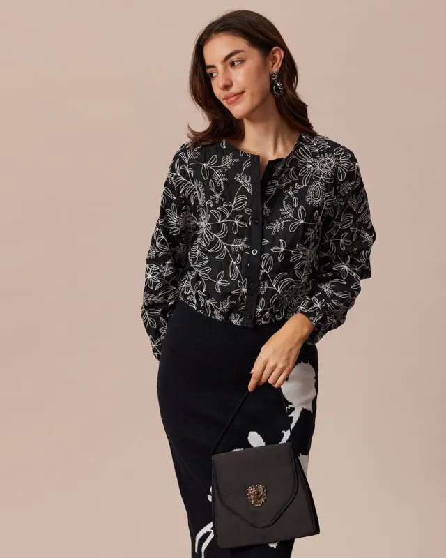 The Black Round Neck Embroidery Blouse sold by rihoas