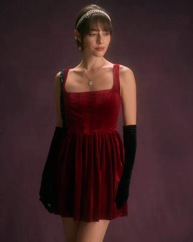 The Red Square Neck A-Line Velvet Mini Dress sold by rihoas