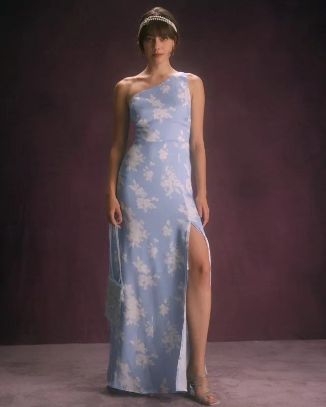 The Blue One Shoulder Floral Slit Maxi Dress sold by rihoas
