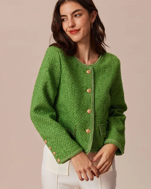 The Green Round Neck Button Tweed Jacket sold by rihoas