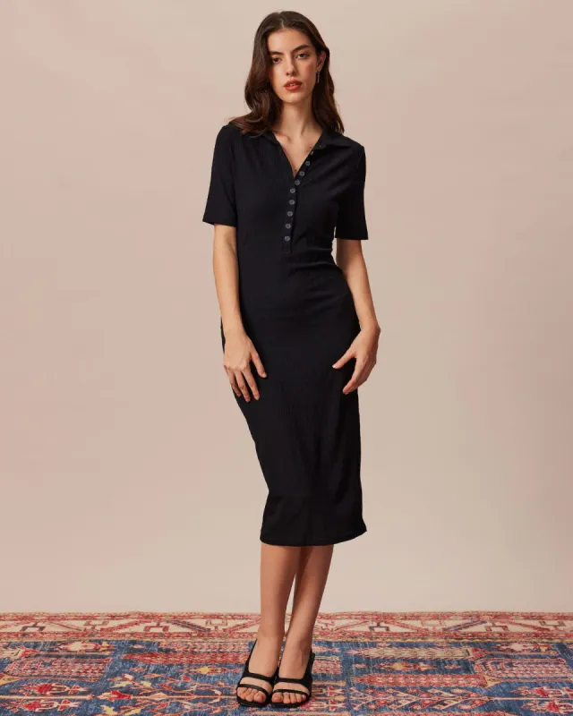 The Black Lapel Button Up Knit Midi Dress sold by rihoas