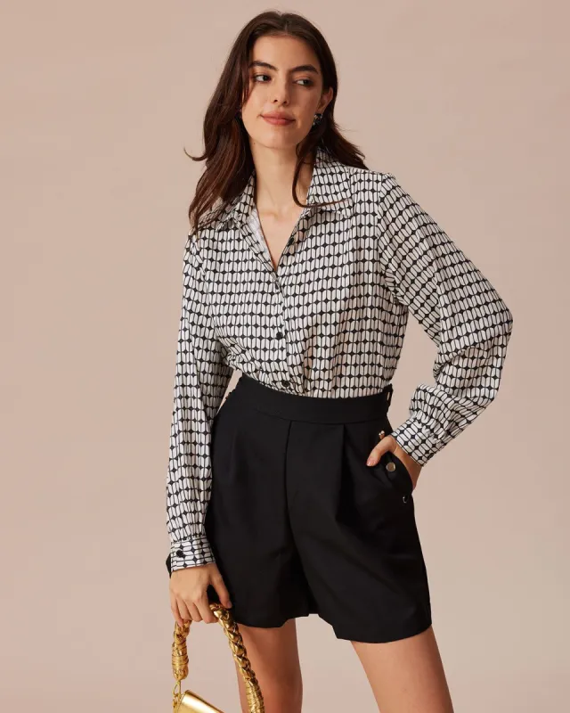 The Black Collared Geometric Print Button Shirt sold by rihoas