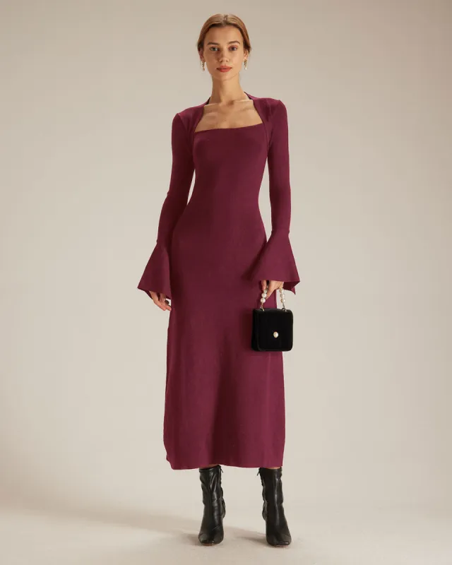 The Red Square Neck Flare Sleeve Midi Dress sold by rihoas