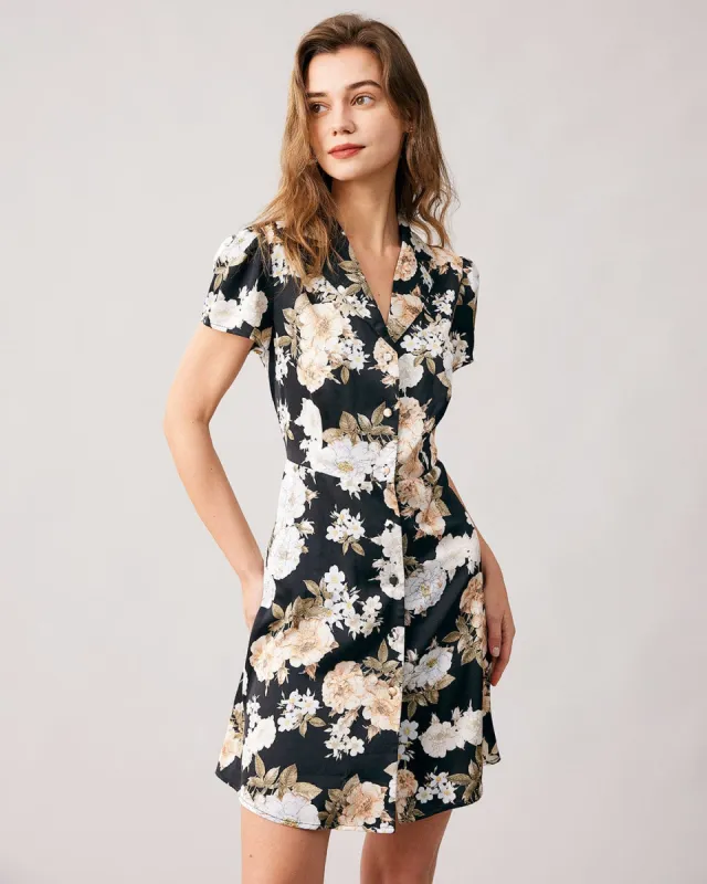 The Black Button Up Short Sleeve Floral Mini Dress sold by rihoas