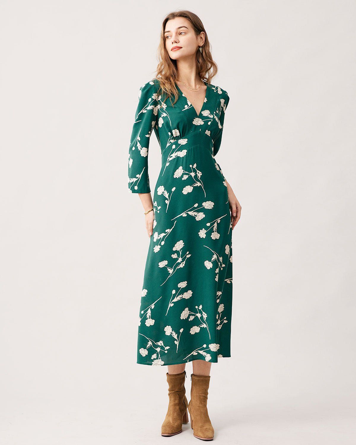 The Green V Neck Floral Long Sleeve Maxi Dress sold by rihoas product image thumbnail 3